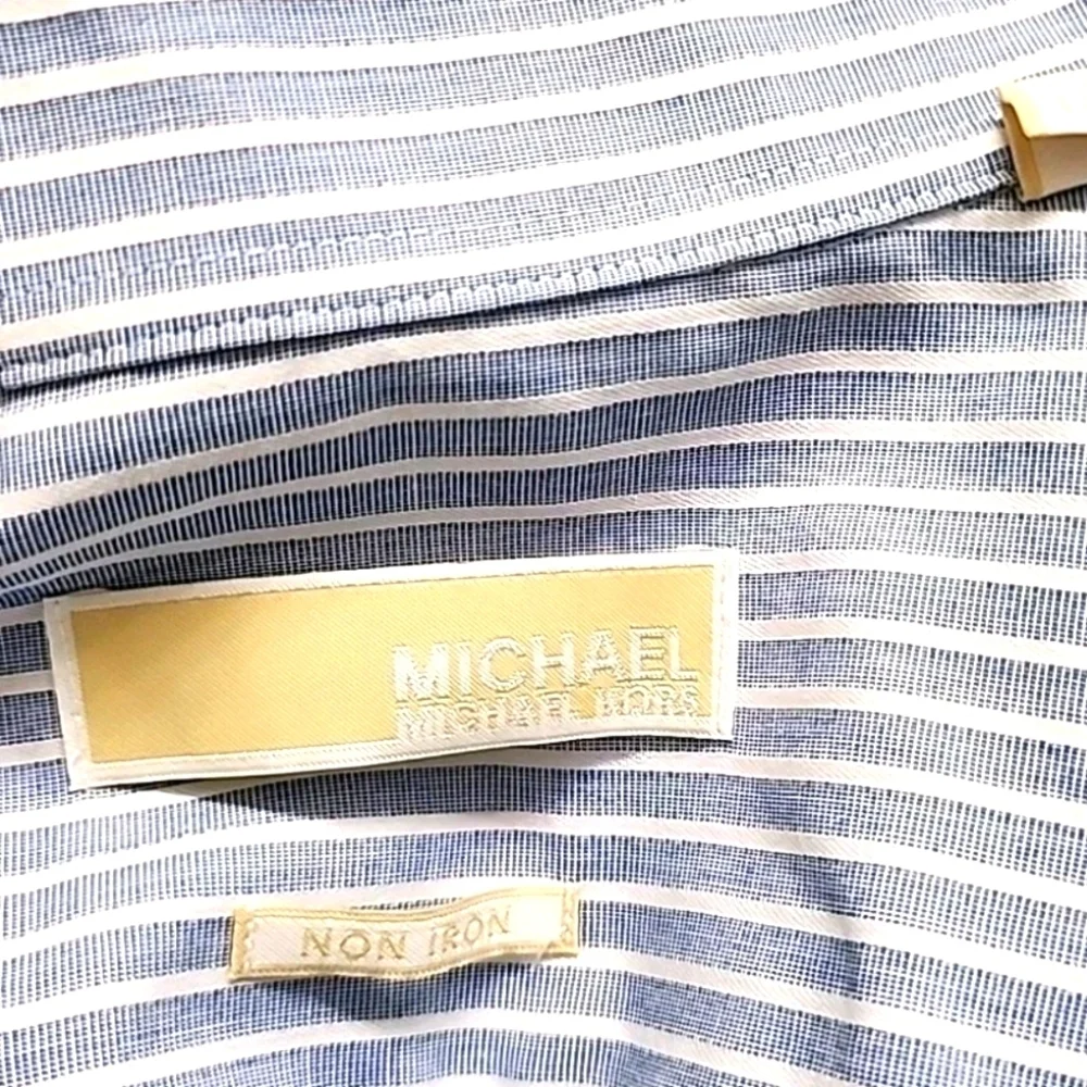 MICHAEL Michael KORS Blue  White Striped Long Sleeve No Iron Dress Shirt 15 32/3